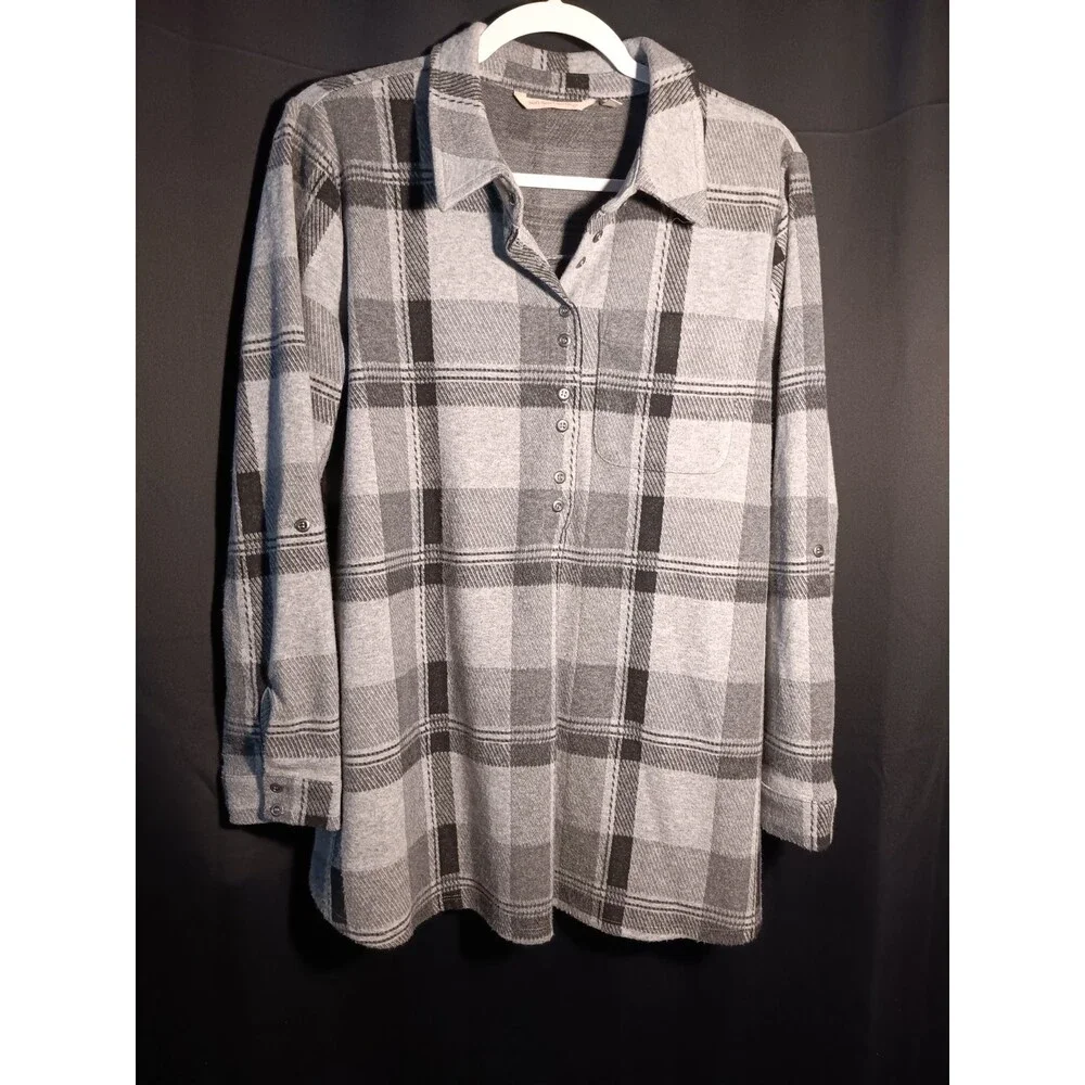 Soft Surroundings Medium Gray Black Plaid Collared Long Sleeve Flowy Tunic Top - Picture 1 of 6